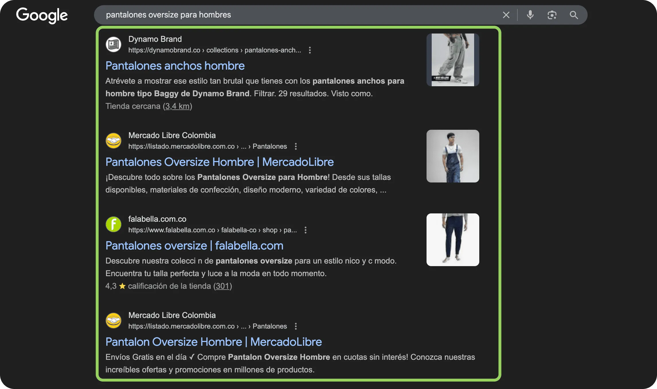 Captura de pantalla de los ejemplos de posicionamiento orgánico para diseño de tiendas web