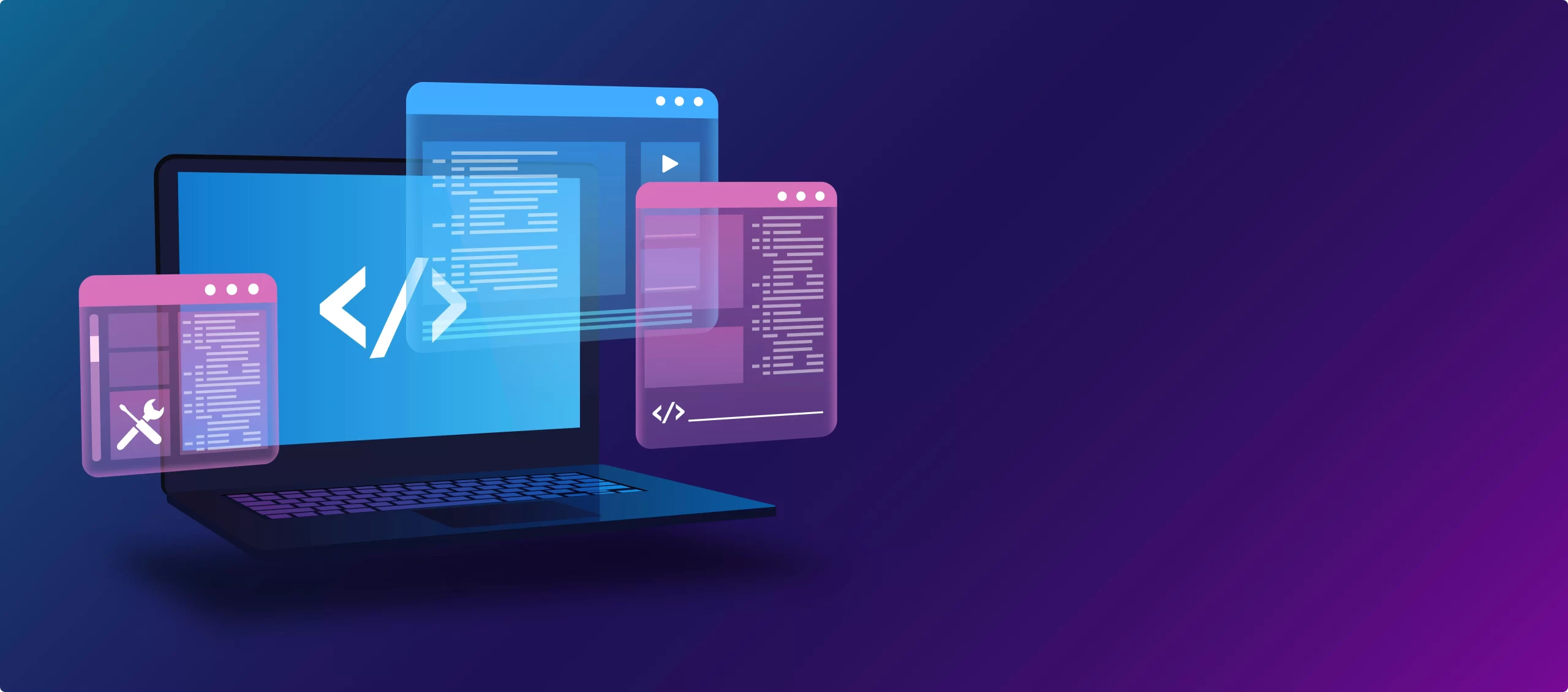 Ilustración de desarrollo web con ventanas de código sobre una laptop