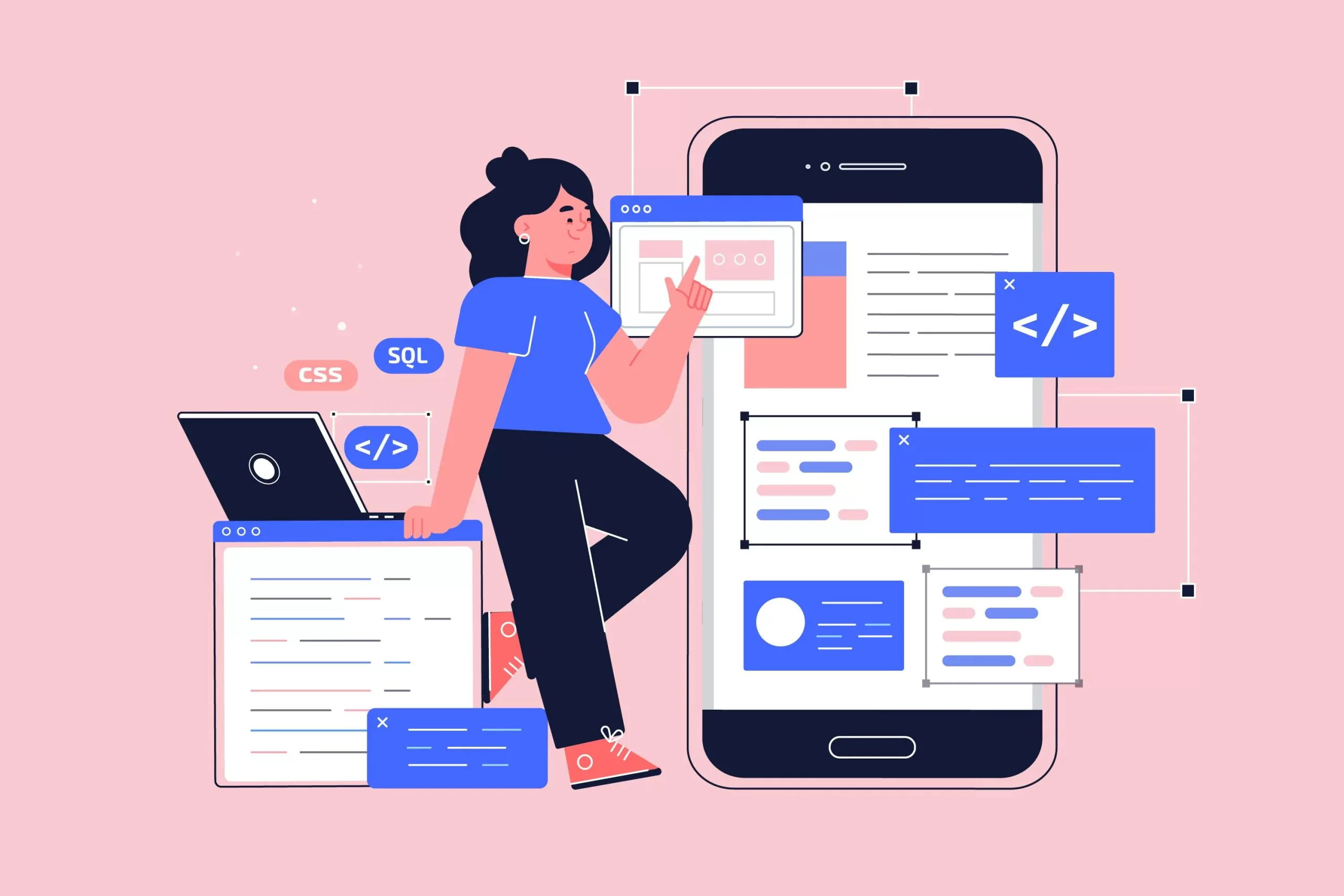 Ilustración que muestra la diferencia entre diseño web y desarrollo web en un entorno móvil, con elementos de interfaz y fragmentos de código HTML, CSS y SQL.