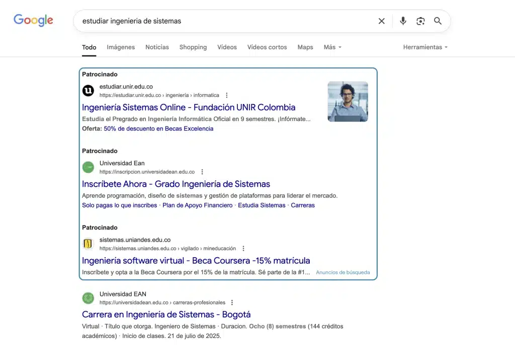 Ejemplo de anuncios pagos en buscadores como parte de una estrategia de paid media en marketing digital