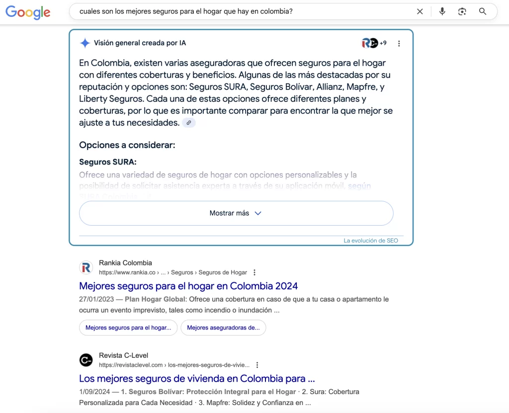Ejemplo del uso de inteligencia artificial en Google para mostrar resultados locales de seguros para el hogar en Colombia