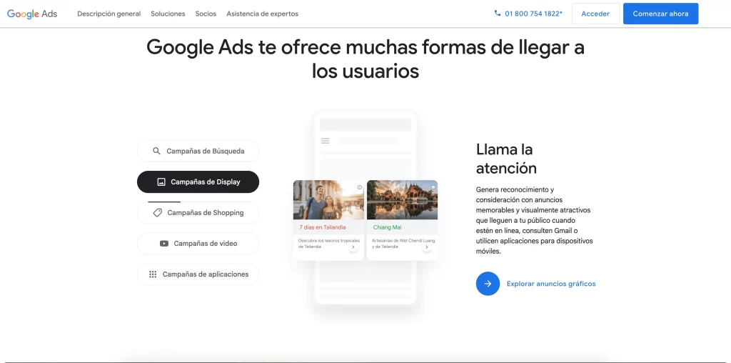 Interfaz de Google Ads mostrando opciones de campañas de Display, Shopping y Búsqueda para marketing digital