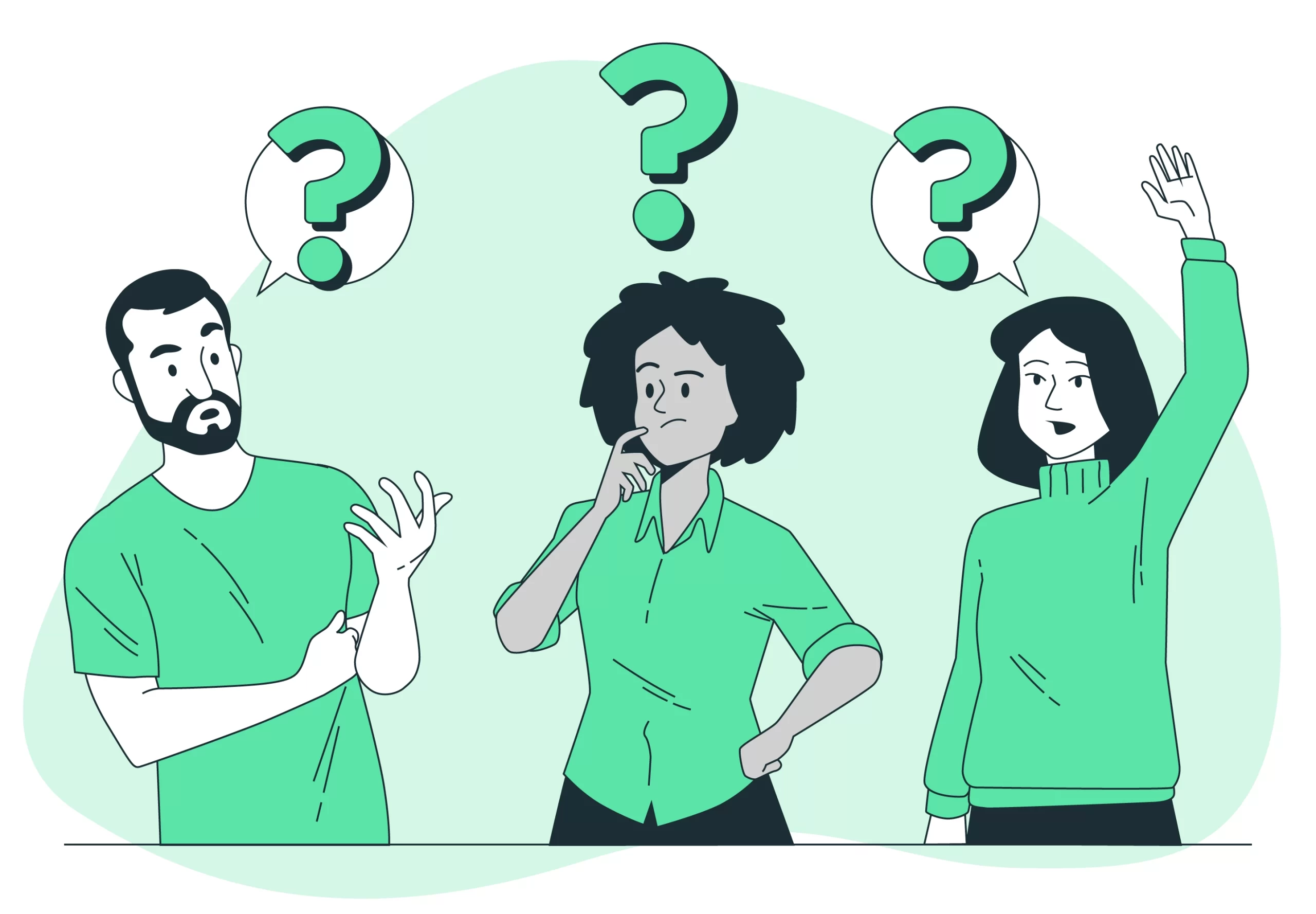 Personas con dudas representadas visualmente sobre qué hace una agencia de marketing digital, ilustración conceptual con signos de interrogación.