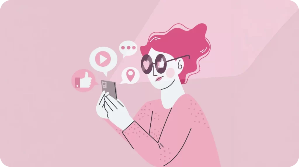 Ilustración de una mujer usando redes sociales con íconos de interacción como me gusta, comentarios y video