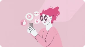 Ilustración de una mujer usando redes sociales con íconos de interacción como me gusta, comentarios y video
