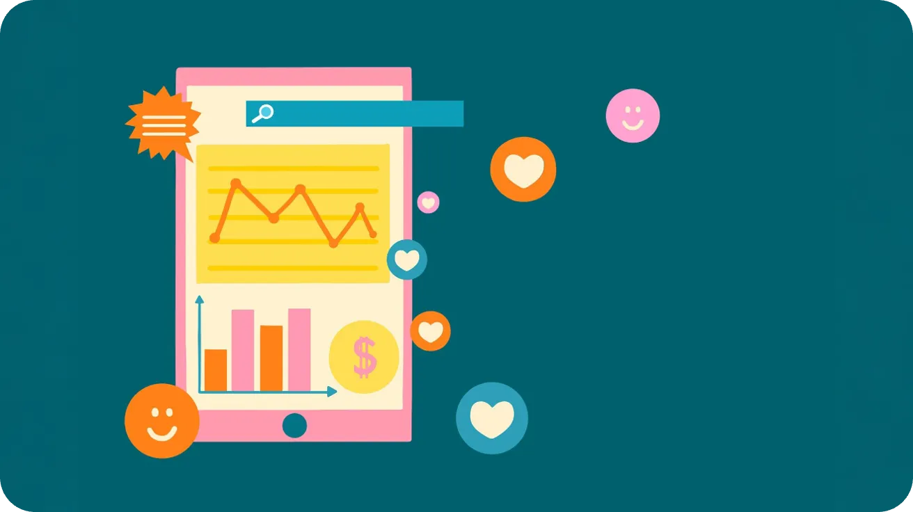 Gráfica de rendimiento en redes sociales mostrada en un dispositivo móvil con íconos de interacción positiva