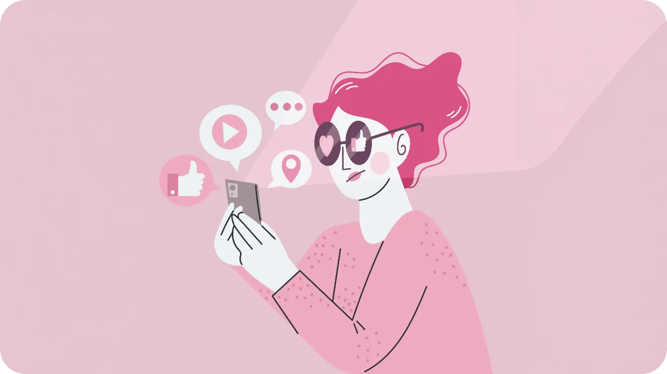 Ilustración de una mujer usando redes sociales con íconos de interacción como me gusta, comentarios y video