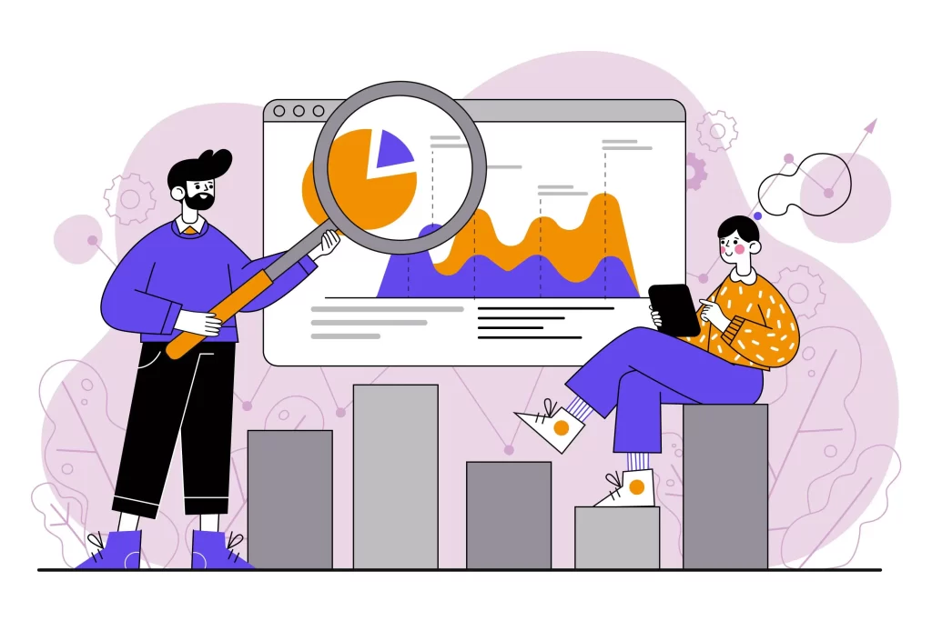 Personas analizando KPIs SEO con gráficos de rendimiento en pantalla