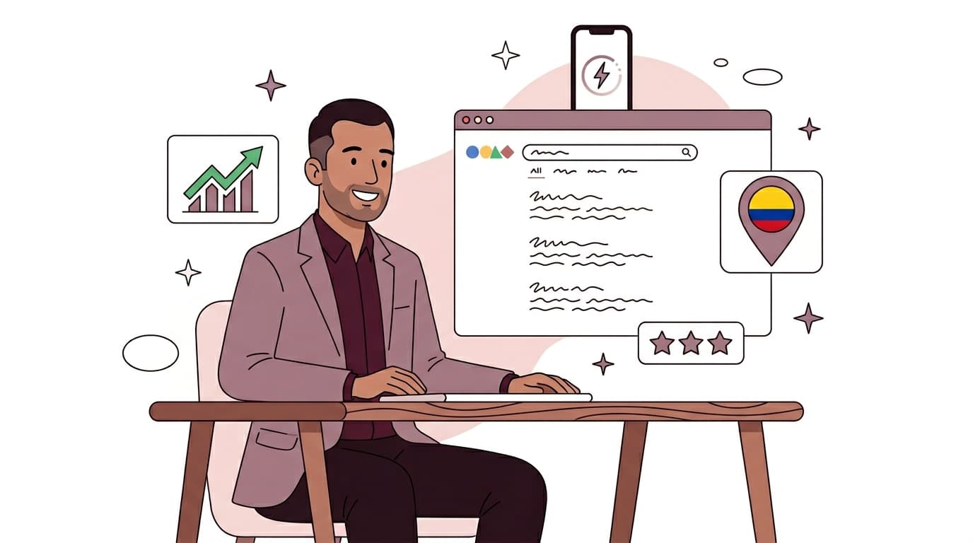 Profesional colombiano analizando resultados de posicionamiento web en Google con gráficas de crecimiento orgánico