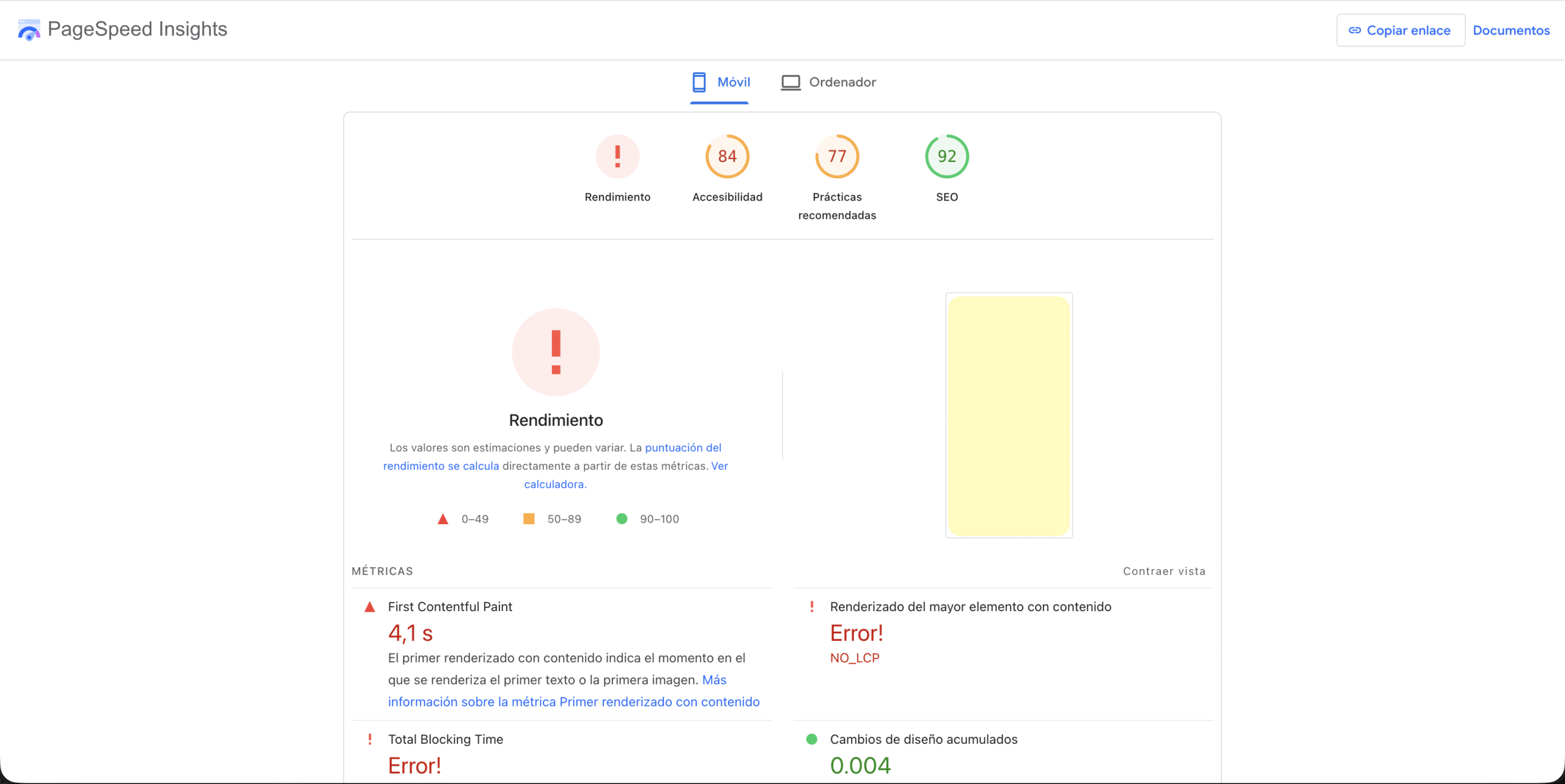 Reporte de PageSpeed Insights mostrando puntuación baja de velocidad en móvil — error frecuente de posicionamiento SEO en Colombia