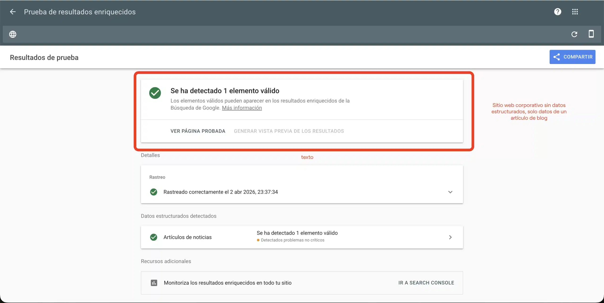 Resultado del Rich Results Test de Google mostrando ausencia de datos estructurados Schema en una página web — oportunidad de mejora SEO técnico
